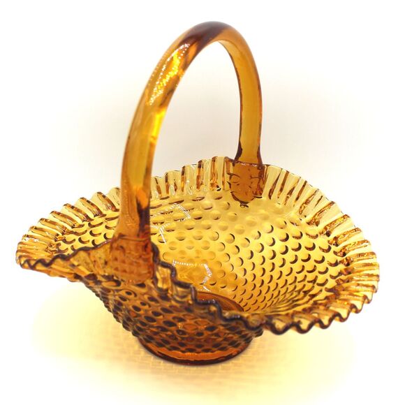 Vintage Large Fenton Amber Gold Glass Basket Ruffled Edge Hobnail Pattern 9" - Picture 2 of 8